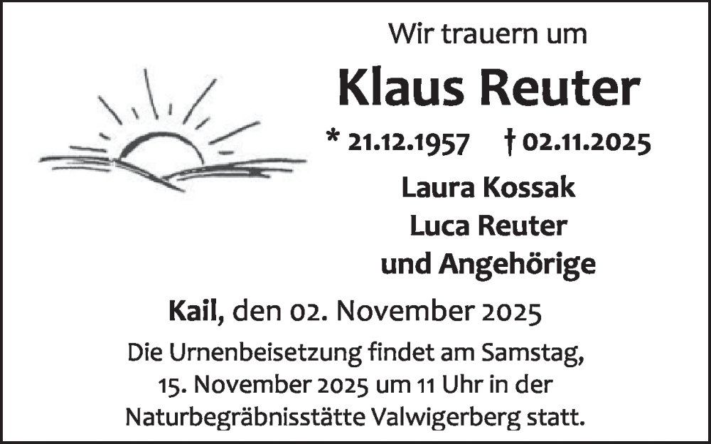  Traueranzeige für Klaus Reuter vom 12.11.2025 aus WochenSpiegel