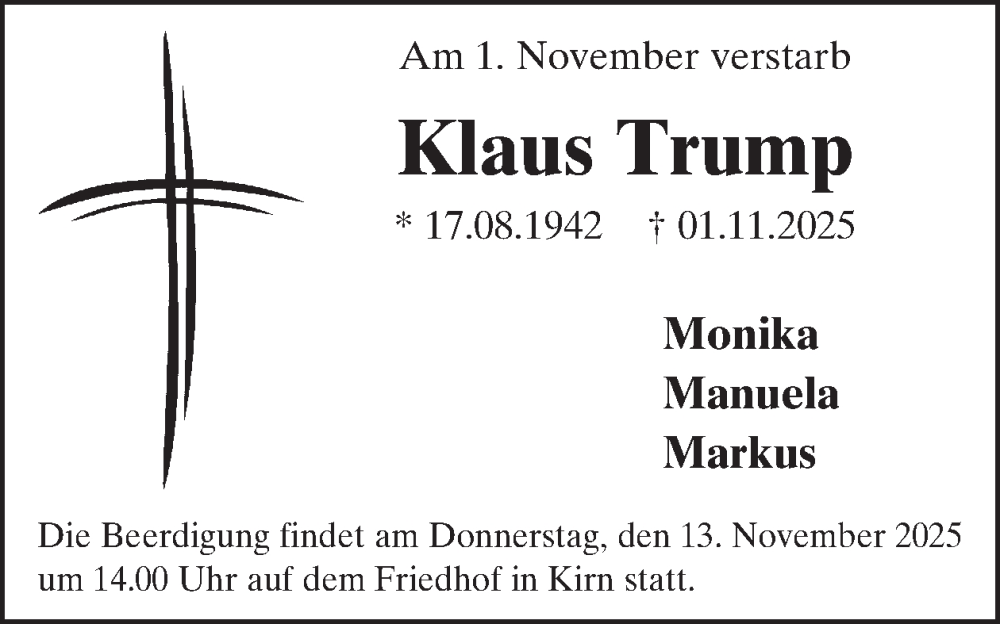  Traueranzeige für Klaus Trump vom 08.11.2025 aus WochenSpiegel