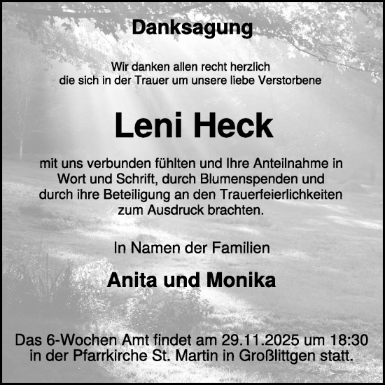 Traueranzeige von Leni Heck von WochenSpiegel
