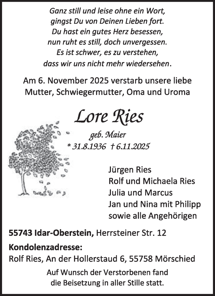  Traueranzeige für Lore Ries vom 22.11.2025 aus WochenSpiegel