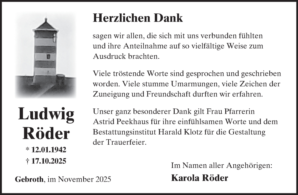  Traueranzeige für Ludwig Röder vom 29.11.2025 aus WochenSpiegel