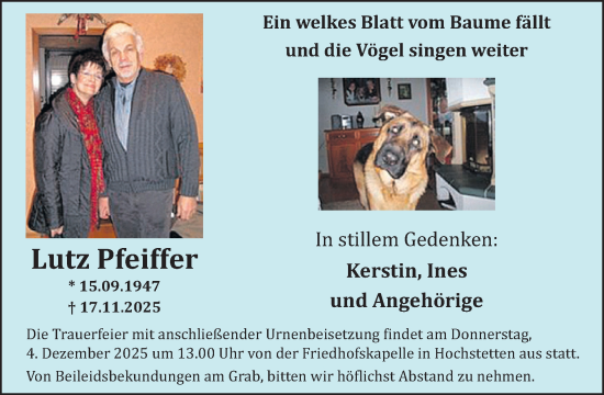 Traueranzeige von Lutz Pfeiffer von WochenSpiegel