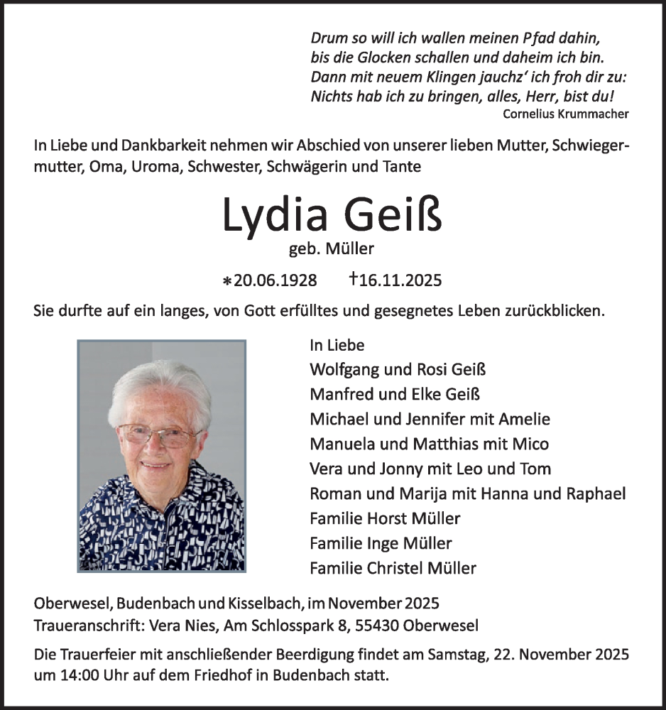  Traueranzeige für Lydia Geiß vom 22.11.2025 aus WochenSpiegel
