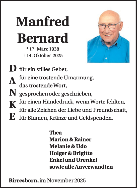 Traueranzeige von Manfred Bernard von WochenSpiegel