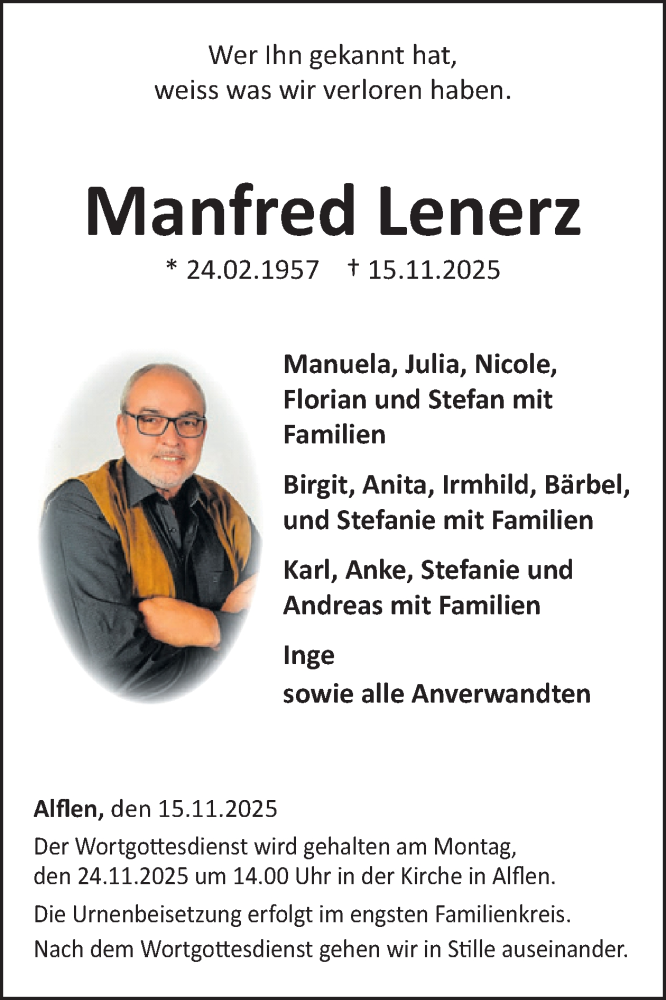  Traueranzeige für Manfred Lenerz vom 22.11.2025 aus WochenSpiegel