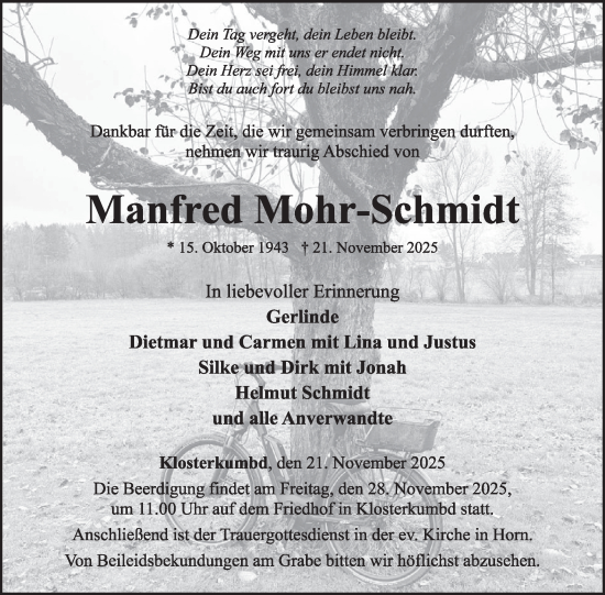 Traueranzeige von Manfred Mohr-Schmidt von WochenSpiegel