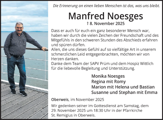 Traueranzeige von Manfred Noesges von WochenSpiegel