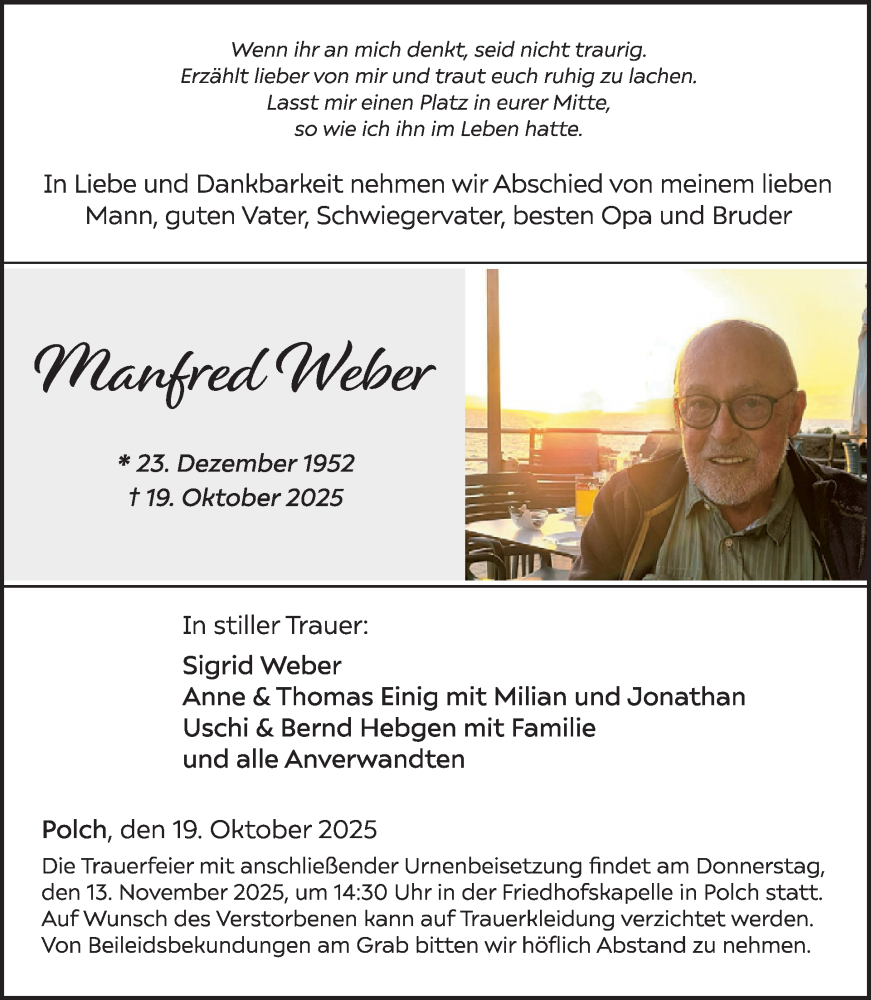  Traueranzeige für Manfred Weber vom 05.11.2025 aus WochenSpiegel