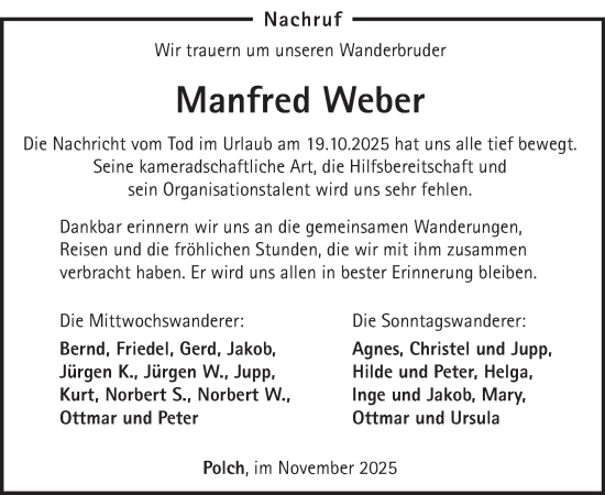 Traueranzeige von Manfred Weber von WochenSpiegel