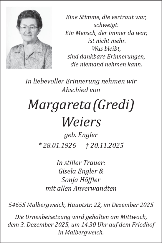 Traueranzeige von Margareta Weiers von WochenSpiegel