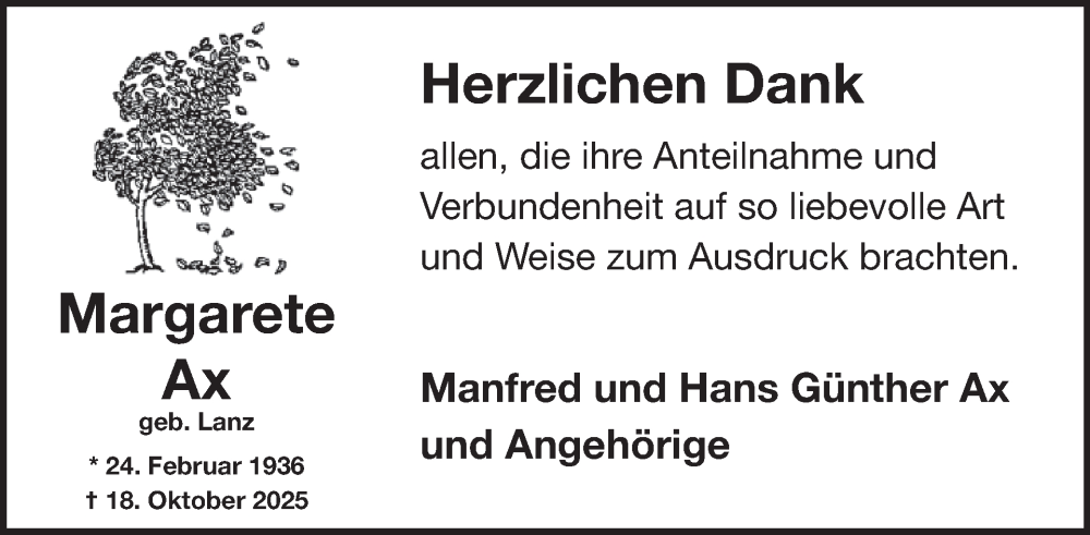  Traueranzeige für Margarete Ax vom 26.11.2025 aus WochenSpiegel