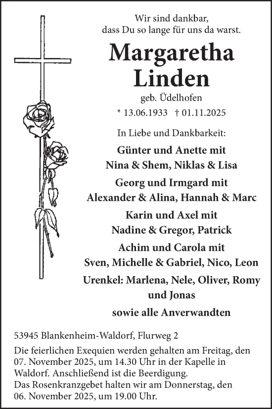 Traueranzeige von Margaretha Linden von WochenSpiegel