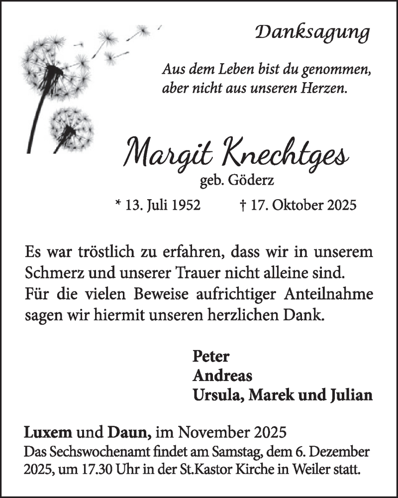  Traueranzeige für Margit Knechtges vom 26.11.2025 aus WochenSpiegel
