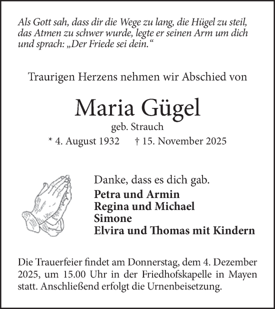 Traueranzeige von Maria Gügel von WochenSpiegel