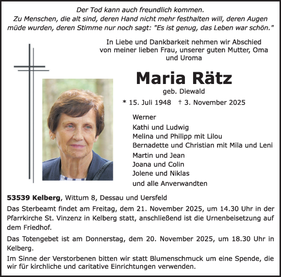Traueranzeige von Maria Rätz von WochenSpiegel