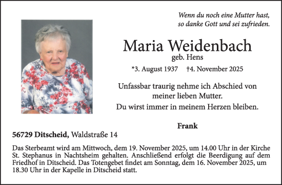 Traueranzeige von Maria Weidenbach von WochenSpiegel