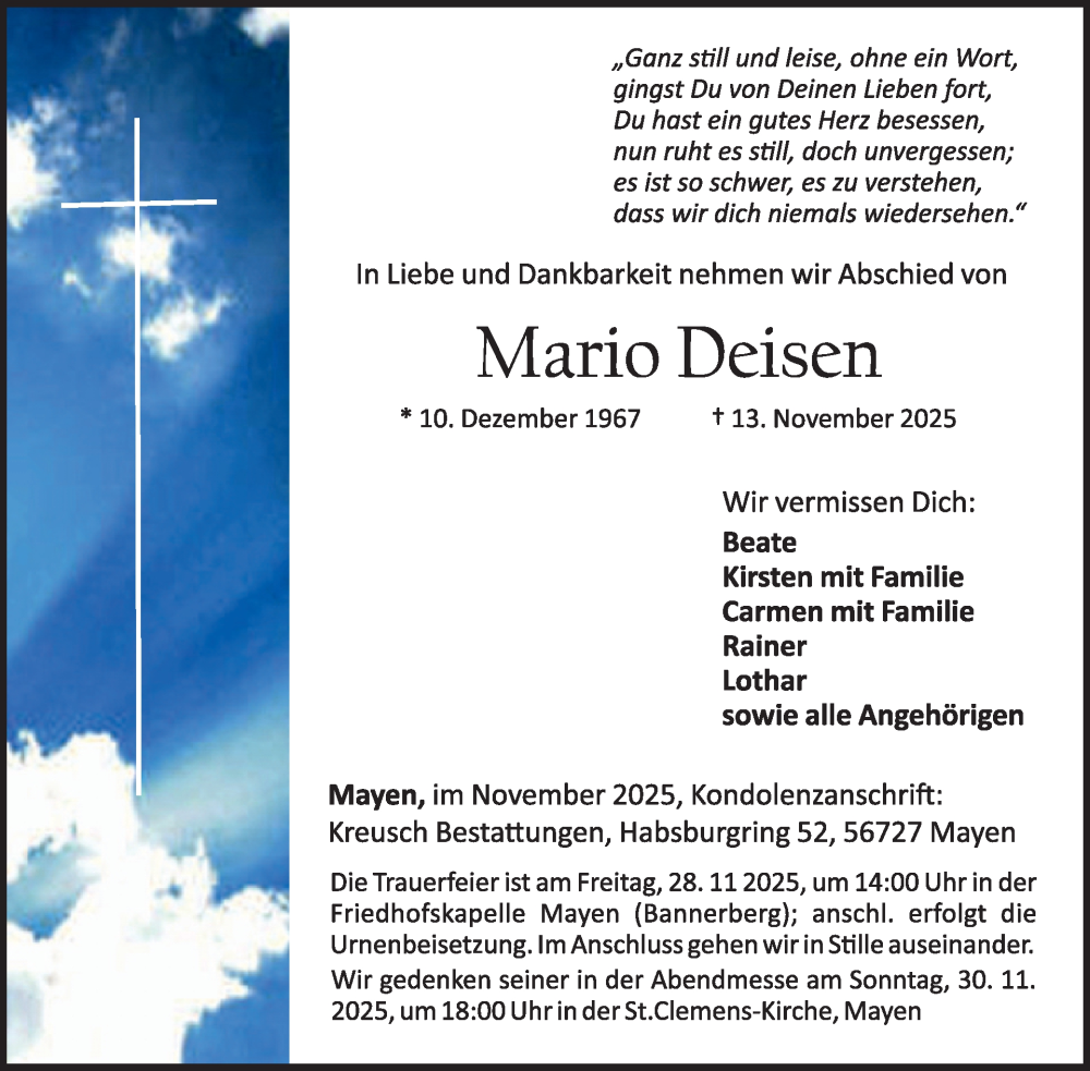  Traueranzeige für Mario Deisen vom 26.11.2025 aus WochenSpiegel