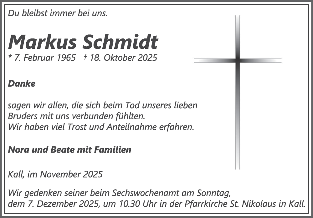  Traueranzeige für Markus Schmidt vom 26.11.2025 aus WochenSpiegel