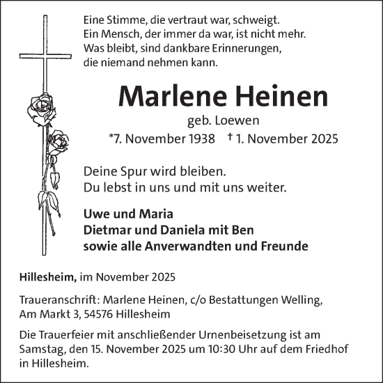 Traueranzeige von Marlene Heinen von WochenSpiegel