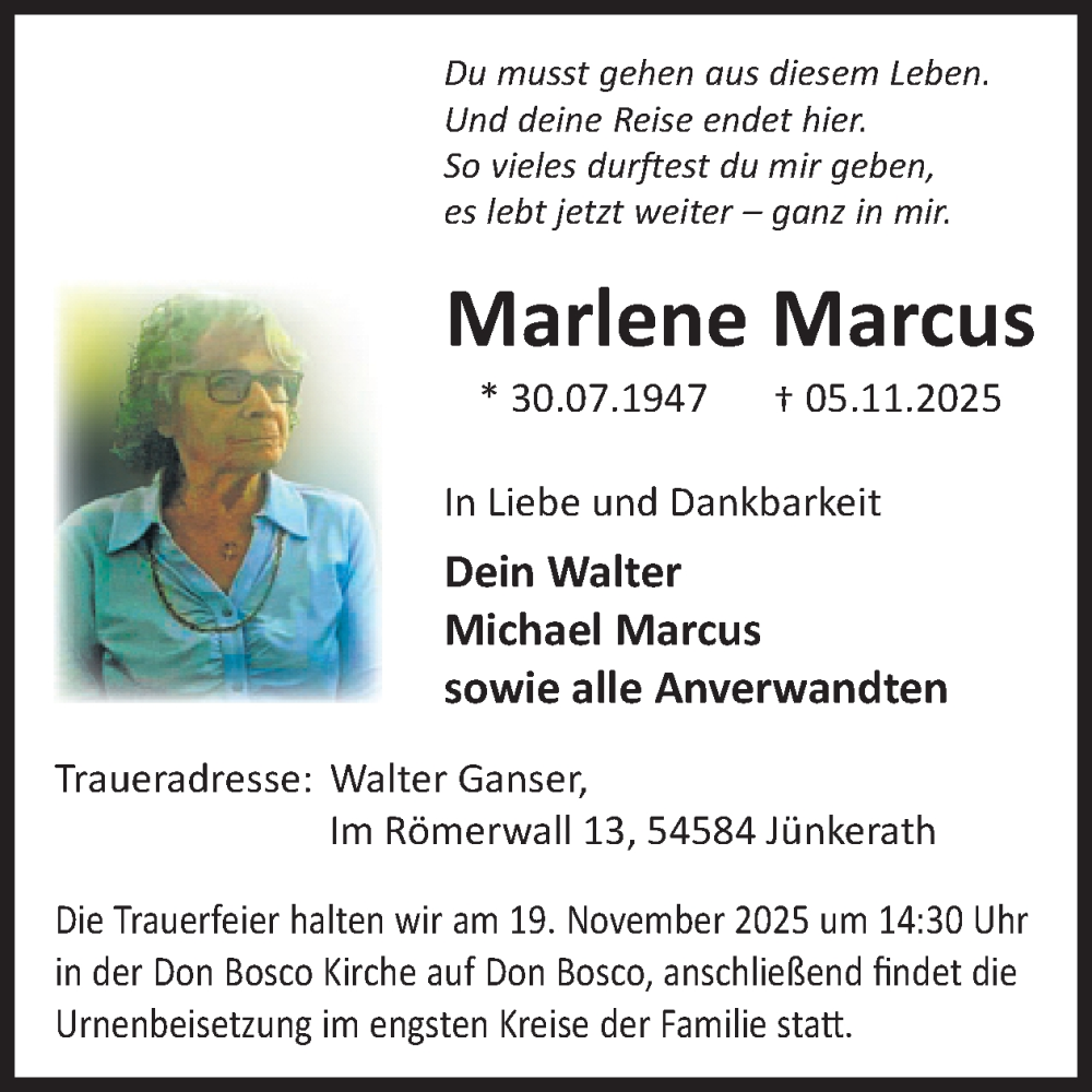  Traueranzeige für Marlene Marcus vom 15.11.2025 aus WochenSpiegel