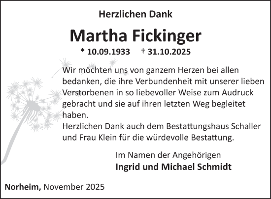 Traueranzeige von Martha Fickinger von WochenSpiegel
