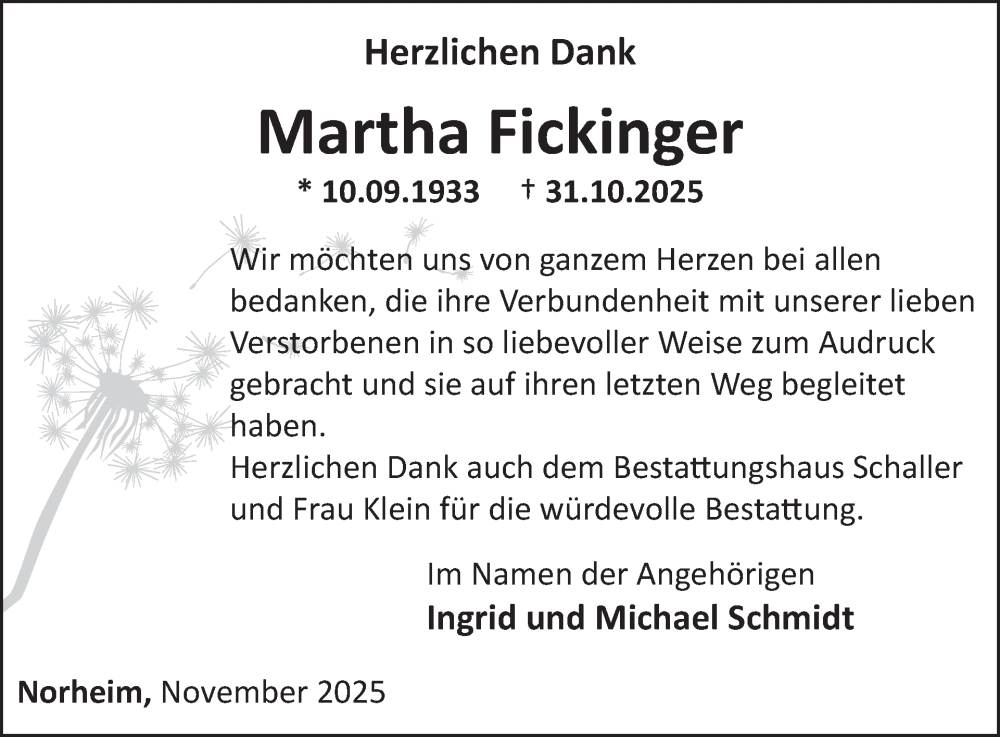  Traueranzeige für Martha Fickinger vom 22.11.2025 aus WochenSpiegel