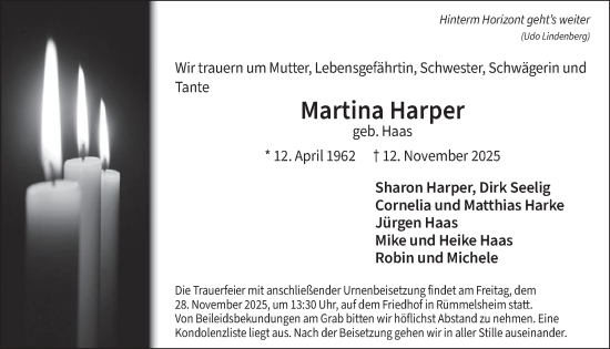 Traueranzeige von Martina Harper von WochenSpiegel