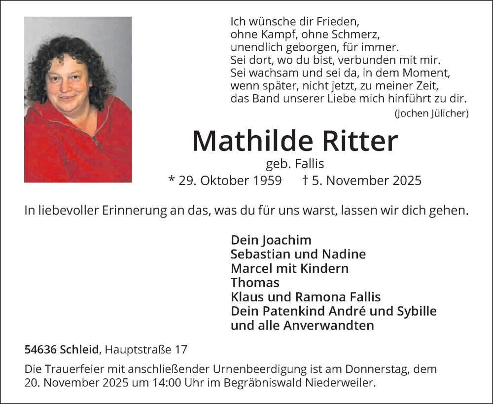  Traueranzeige für Mathilde Ritter vom 14.11.2025 aus WochenSpiegel