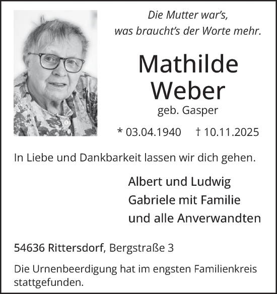 Traueranzeige von Mathilde Weber von WochenSpiegel