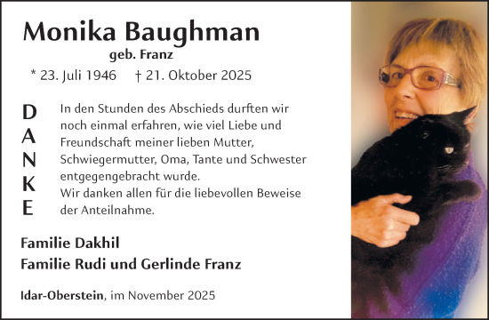 Traueranzeige von Monika Baughman von WochenSpiegel