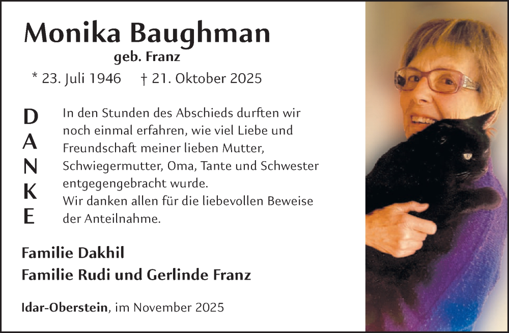  Traueranzeige für Monika Baughman vom 22.11.2025 aus WochenSpiegel
