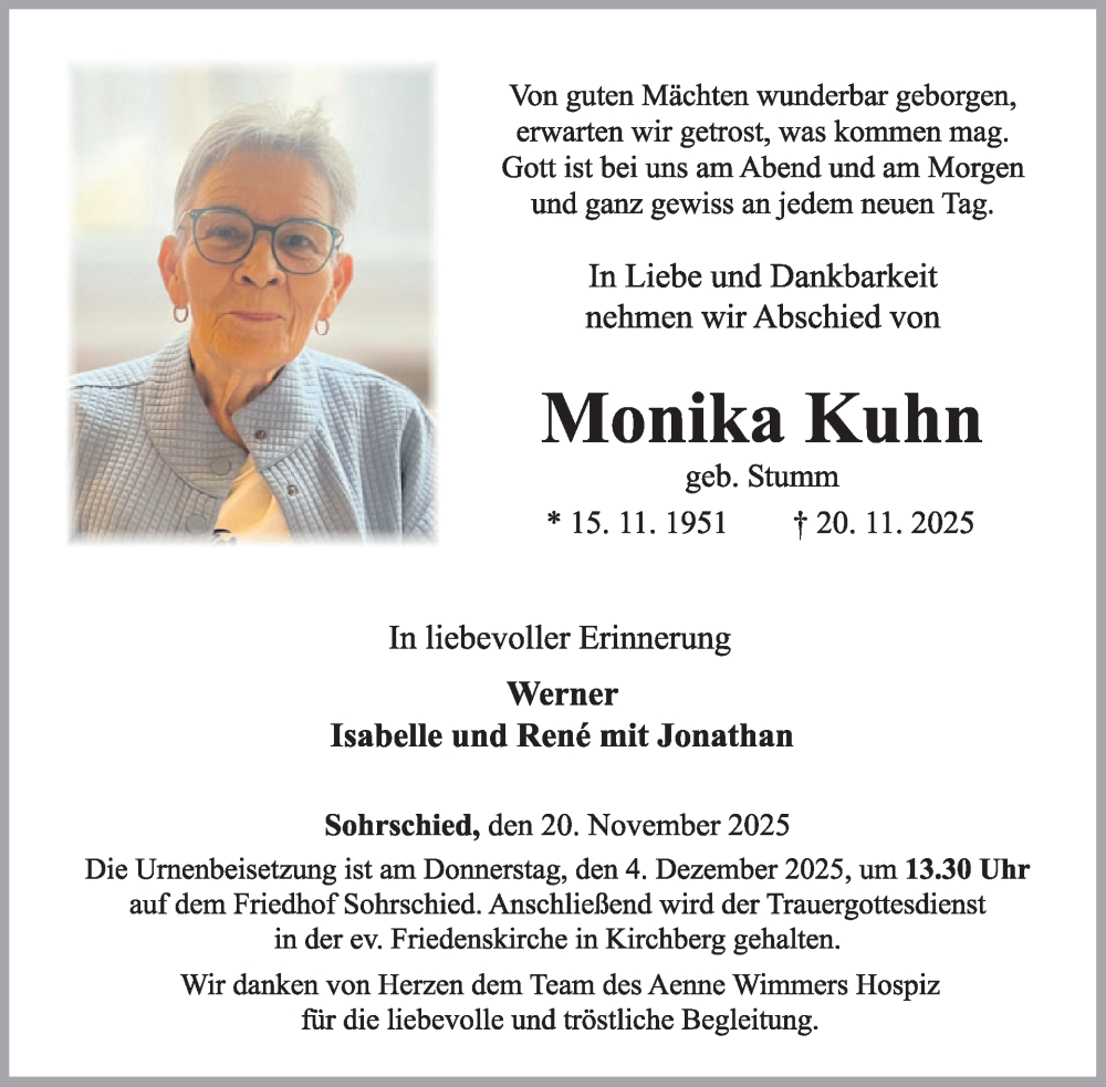  Traueranzeige für Monika Kuhn vom 29.11.2025 aus WochenSpiegel