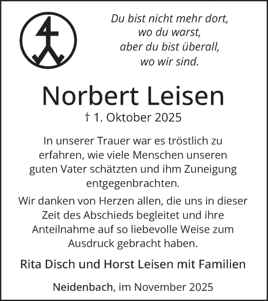 Traueranzeige von Norbert Leisen von WochenSpiegel