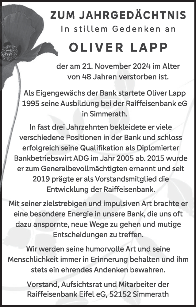  Traueranzeige für Oliver Lapp vom 26.11.2025 aus WochenSpiegel