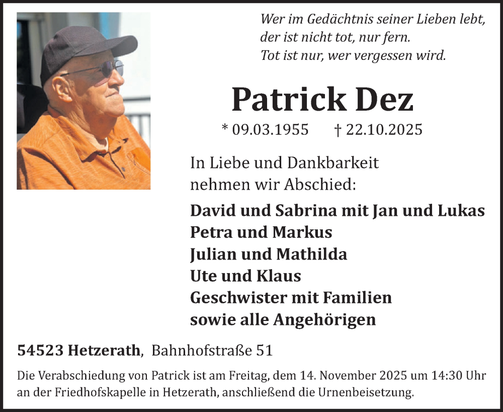  Traueranzeige für Patrick Dez vom 07.11.2025 aus WochenSpiegel