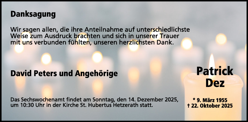  Traueranzeige für Patrick Dez vom 28.11.2025 aus WochenSpiegel