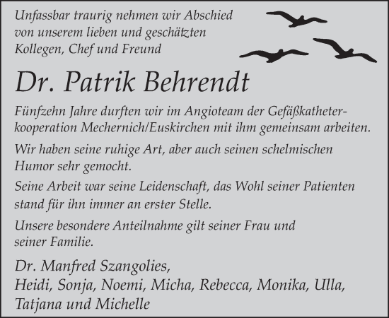 Traueranzeige von Patrik Behrendt von WochenSpiegel