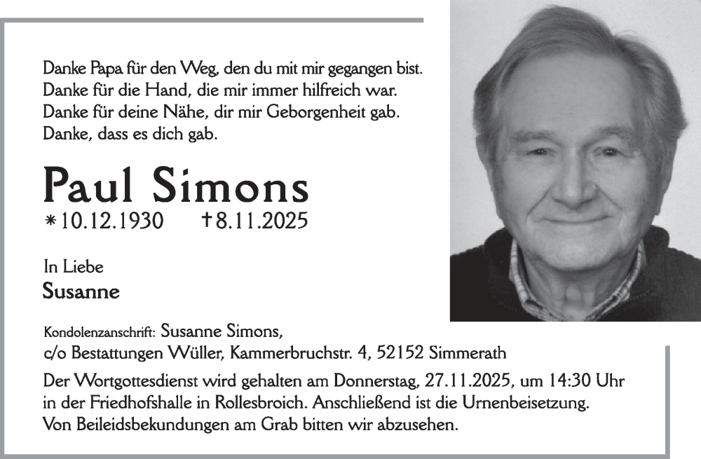  Traueranzeige für Paul Simons vom 26.11.2025 aus WochenSpiegel