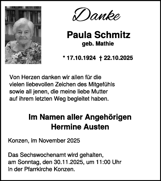 Traueranzeige von Paula Schmitz von WochenSpiegel