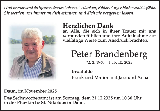 Traueranzeige von Peter Brandenberg von WochenSpiegel