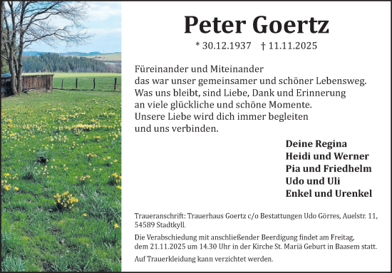 Traueranzeige von Peter Goertz von WochenSpiegel