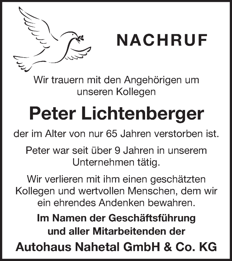 Traueranzeige für Peter Lichtenberger vom 08.11.2025 aus WochenSpiegel