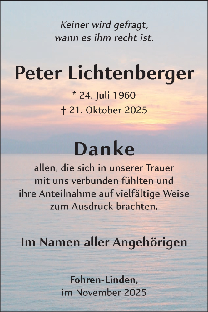  Traueranzeige für Peter Lichtenberger vom 29.11.2025 aus WochenSpiegel