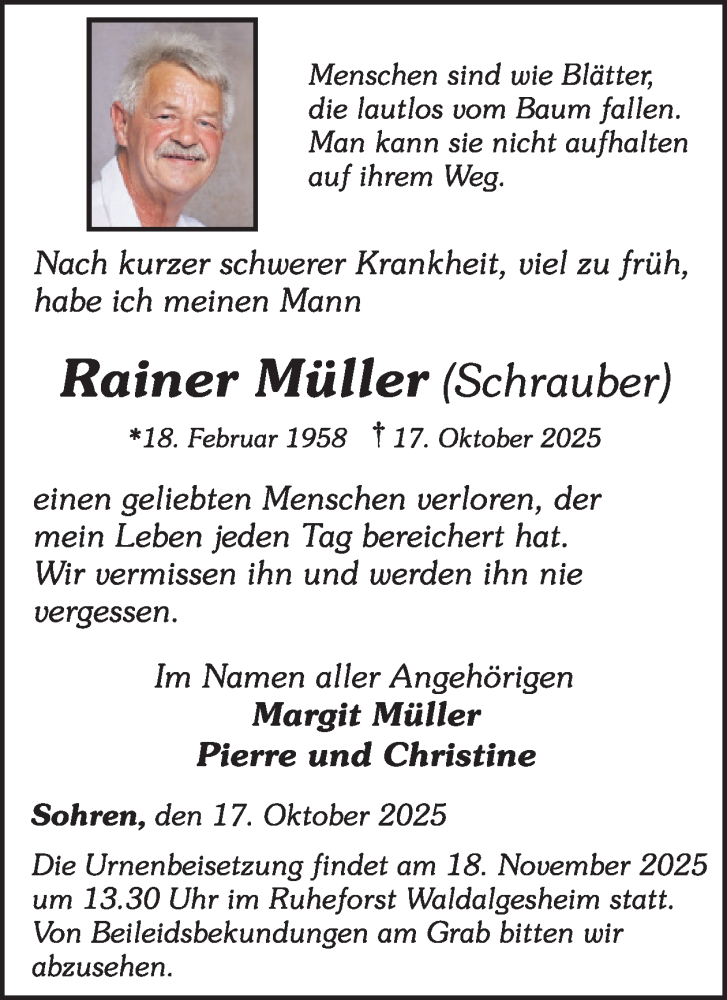  Traueranzeige für Rainer Müller vom 15.11.2025 aus WochenSpiegel