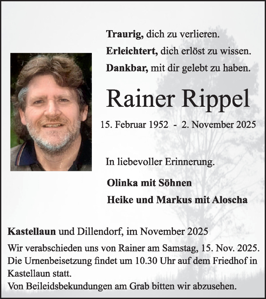  Traueranzeige für Rainer Rippel vom 15.11.2025 aus WochenSpiegel