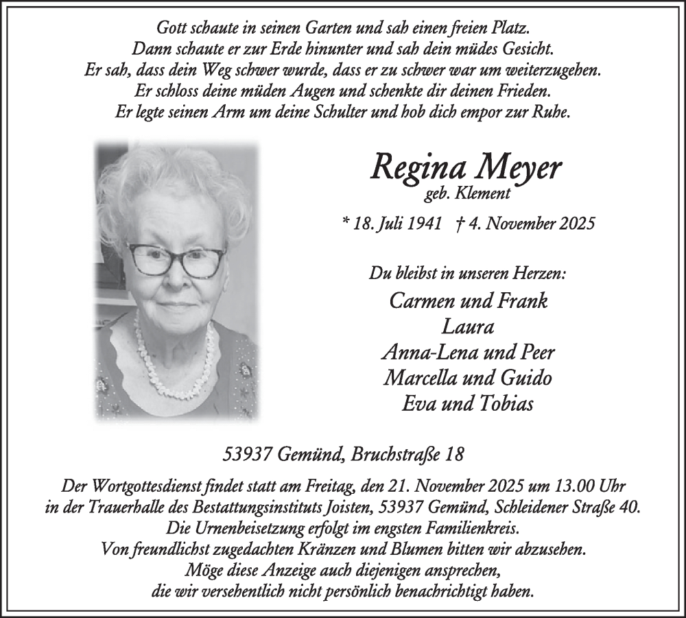  Traueranzeige für Regina Meyer vom 12.11.2025 aus WochenSpiegel