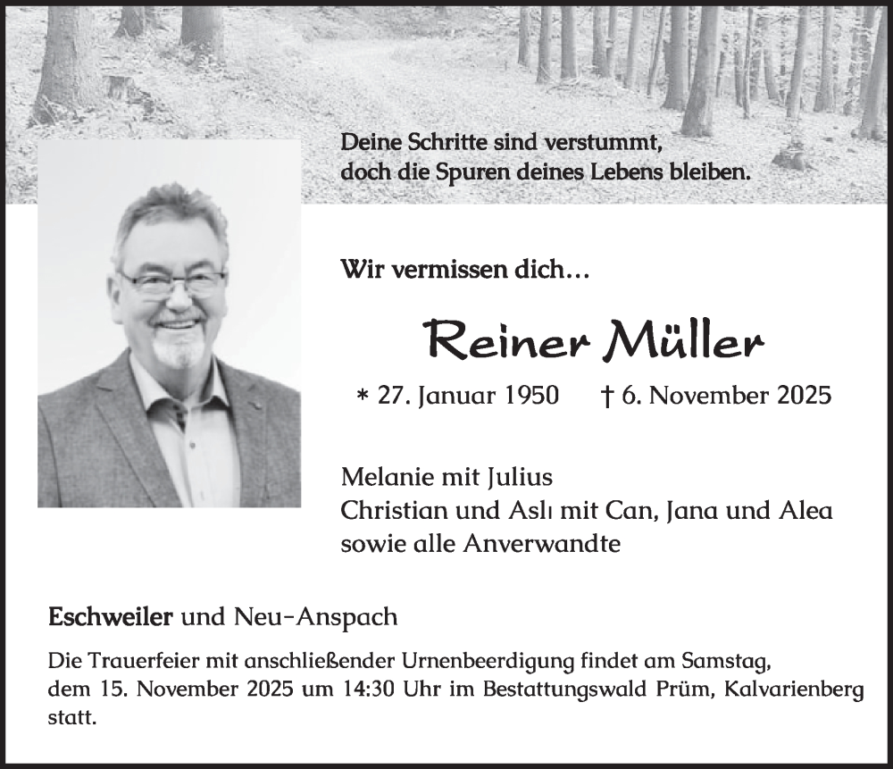  Traueranzeige für Reiner Müller vom 14.11.2025 aus WochenSpiegel