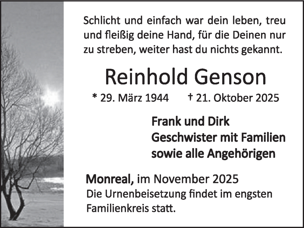  Traueranzeige für Reinhold Genson vom 12.11.2025 aus WochenSpiegel