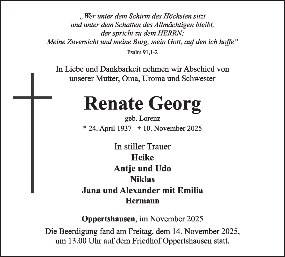  Traueranzeige für Renate Georg vom 22.11.2025 aus WochenSpiegel