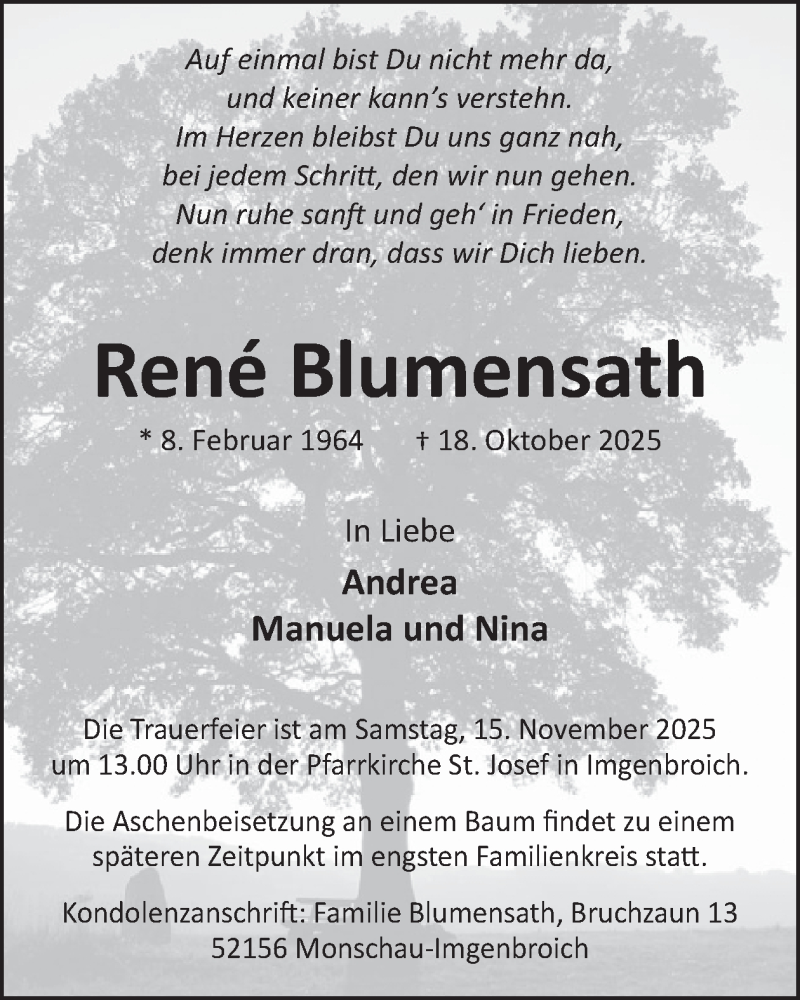  Traueranzeige für René Blumensath vom 05.11.2025 aus WochenSpiegel